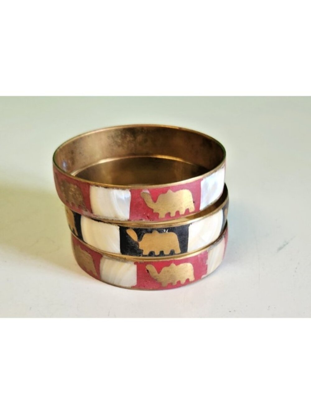 Vintage Bracelet 70s Inlaid Brass & Mother Of Pearl Elephant Bangles (3)  21cm